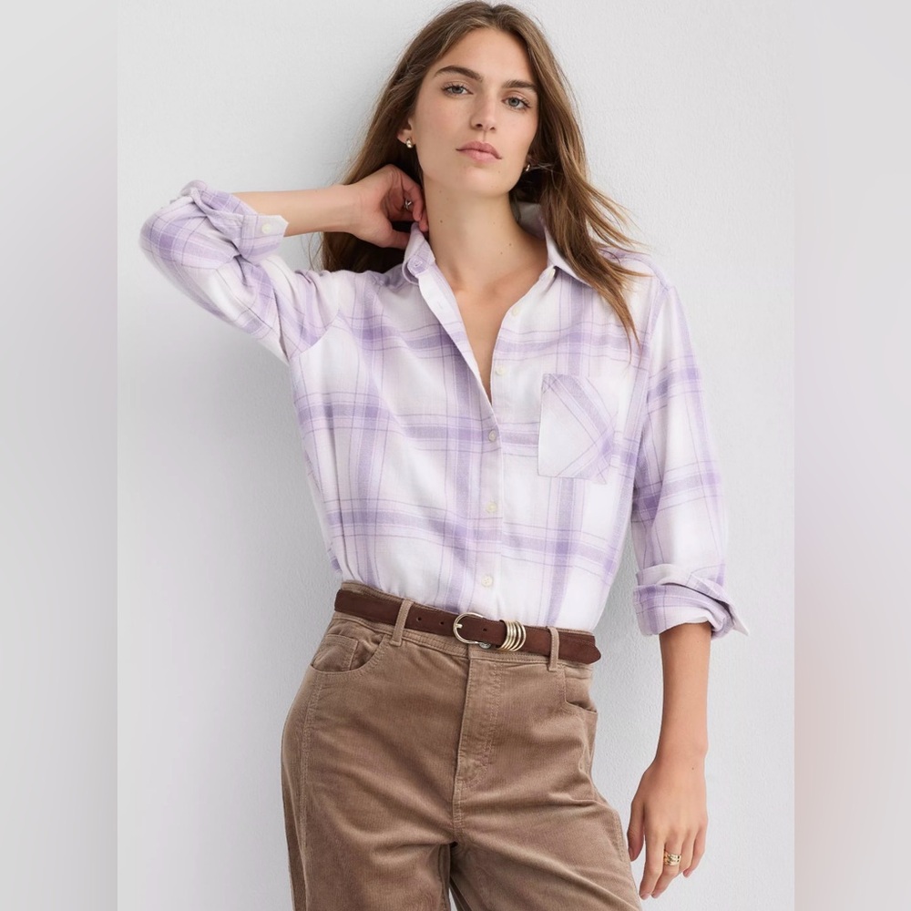 LOFT Lavender Plaid Button-Down Shirt